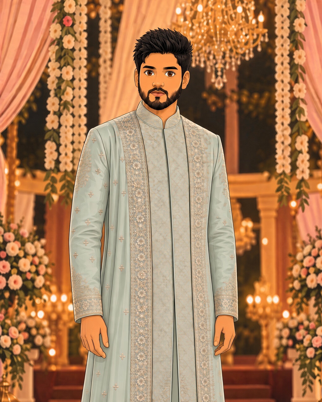 Amar Kumar, the groom, in a sage sherwani and jasmine garland